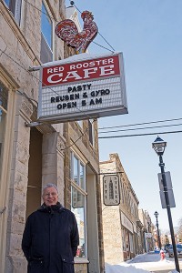 Harold outsite the Red Rooster Cafe in Mineral Point Wisconsin